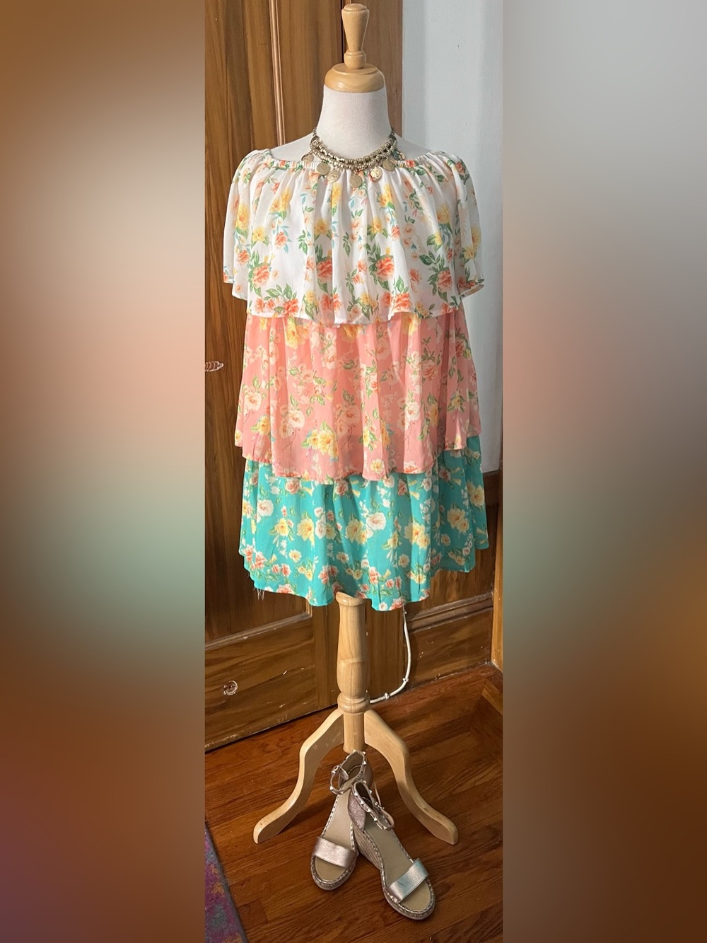 Flying Tomato Floral Tiered Dress in Coral, Teal and Cream